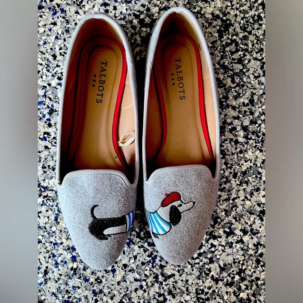 Talbot Heather Felt ballet Flats with embroidered dachshund puppy.
